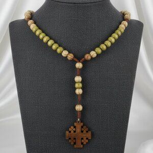 Olive Wood Rosary Jerusalem Holy Land Cross Necklace Hand Crafted NWOT
